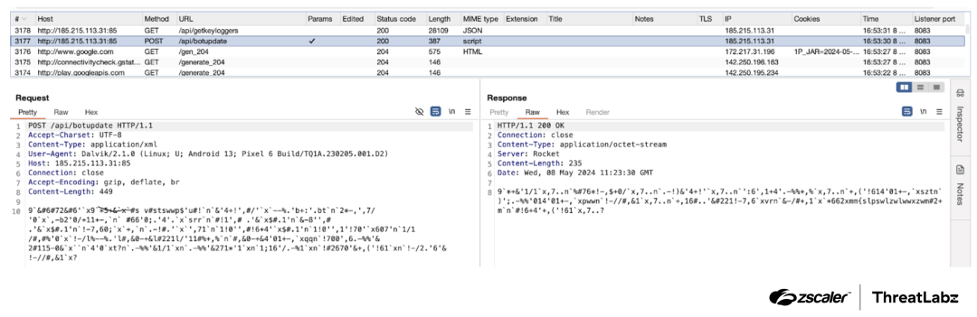 Figure 10: Example decrypted Anatsa request and response data using an XOR key.